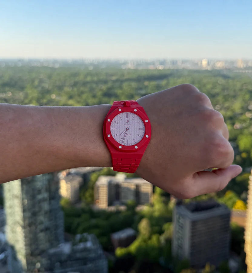 Racing Red Ceramic Link Strap & Case — for AP × Swatch Royal Pop (Crown at 12)