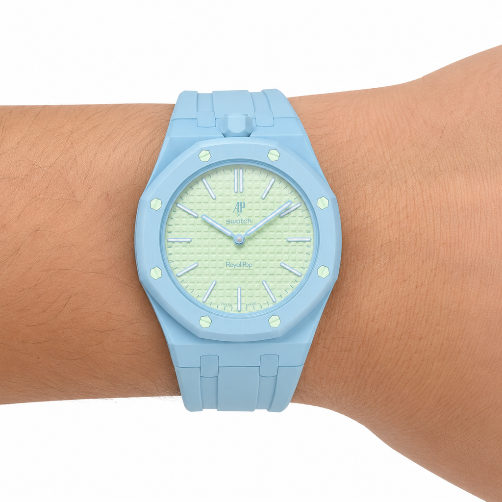 Light Blue Sport Rubber Strap & Case — for AP × Swatch Royal Pop (Crown at 12)