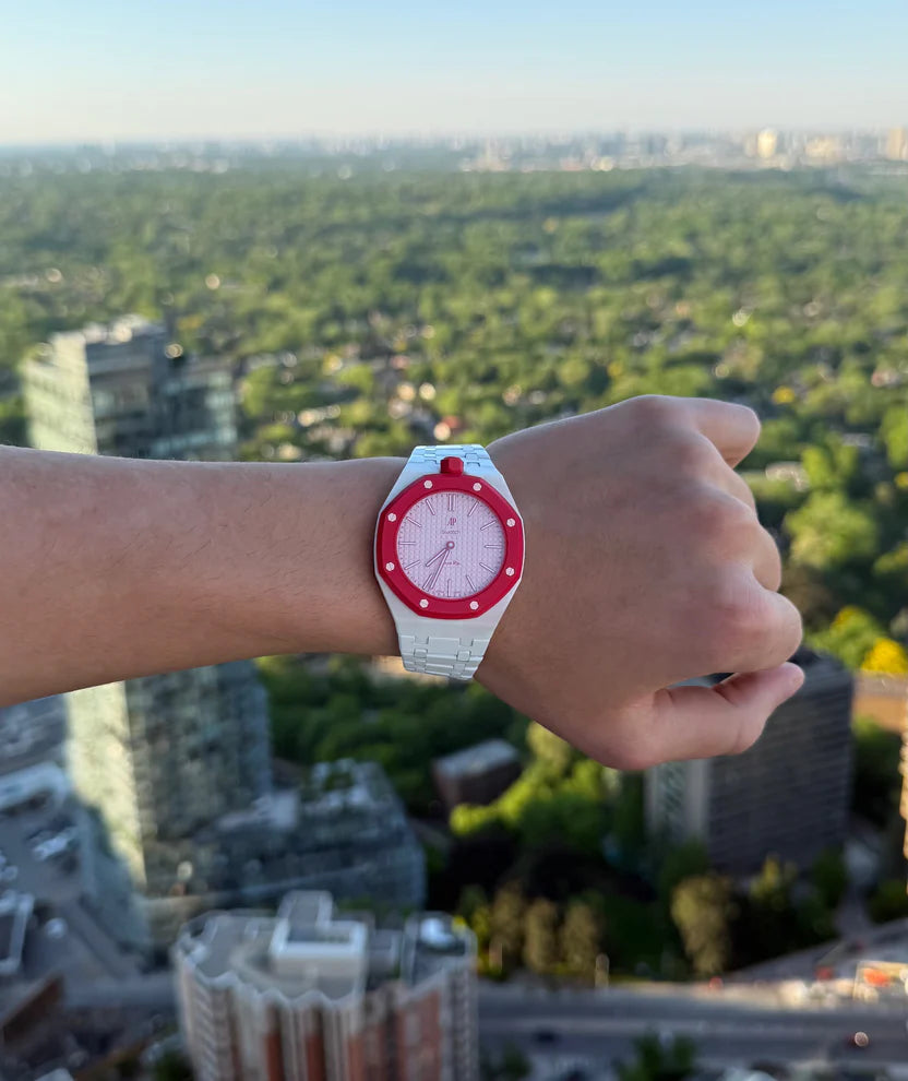Alpine White Ceramic Link Strap & Case — for AP × Swatch Royal Pop (Crown at 12)