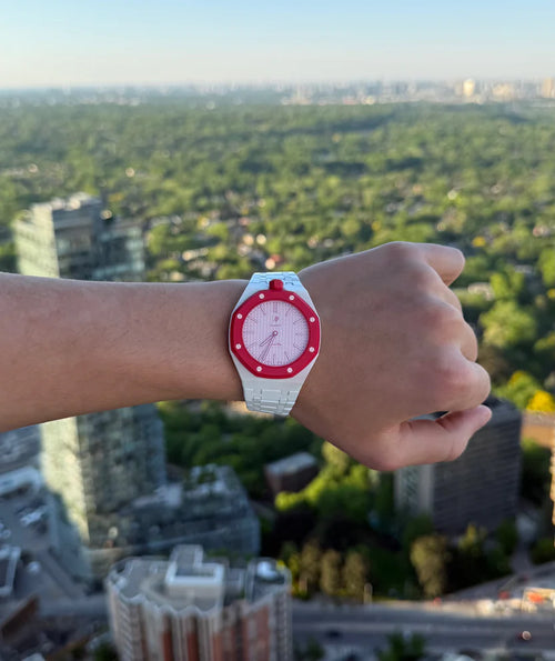 Alpine White Ceramic Link Strap & Case — for AP × Swatch Royal Pop (Crown at 12)