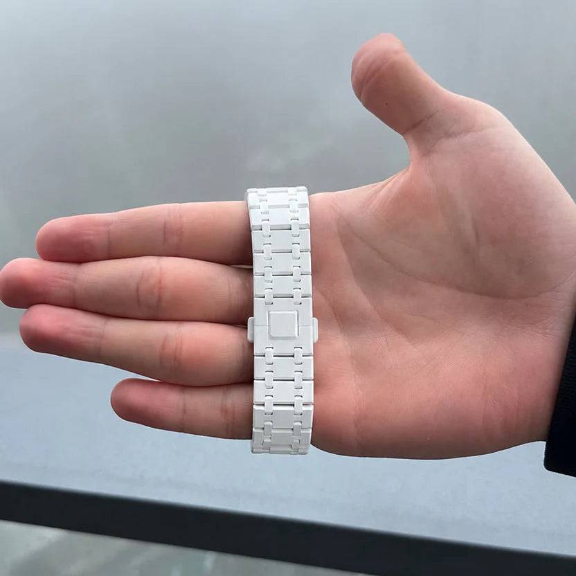 Alpine White Ceramic Link Strap & Case — for AP × Swatch Royal Pop (Crown at 12)