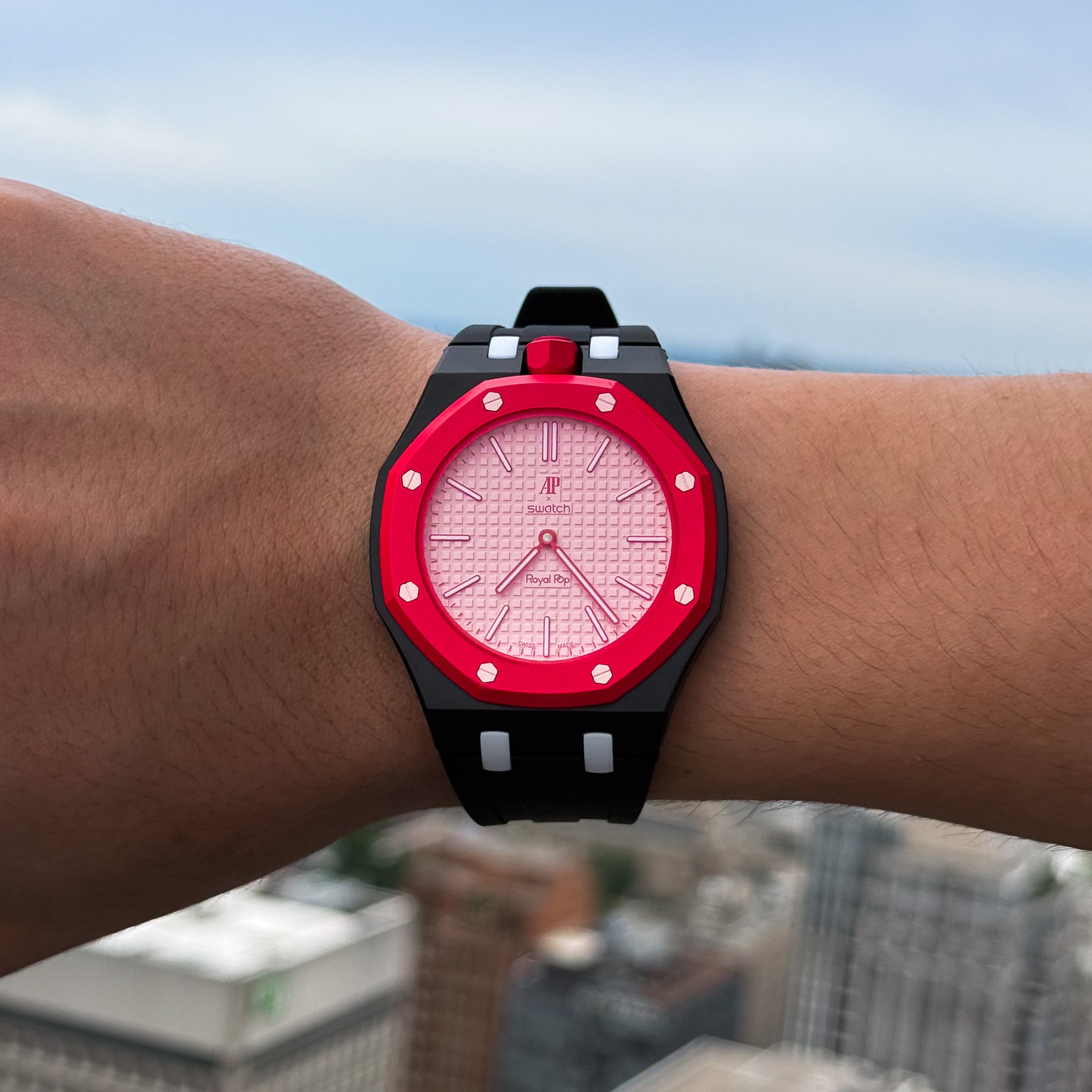 Black Sport Rubber Strap & Case — for AP × Swatch Royal Pop (Crown at 12)
