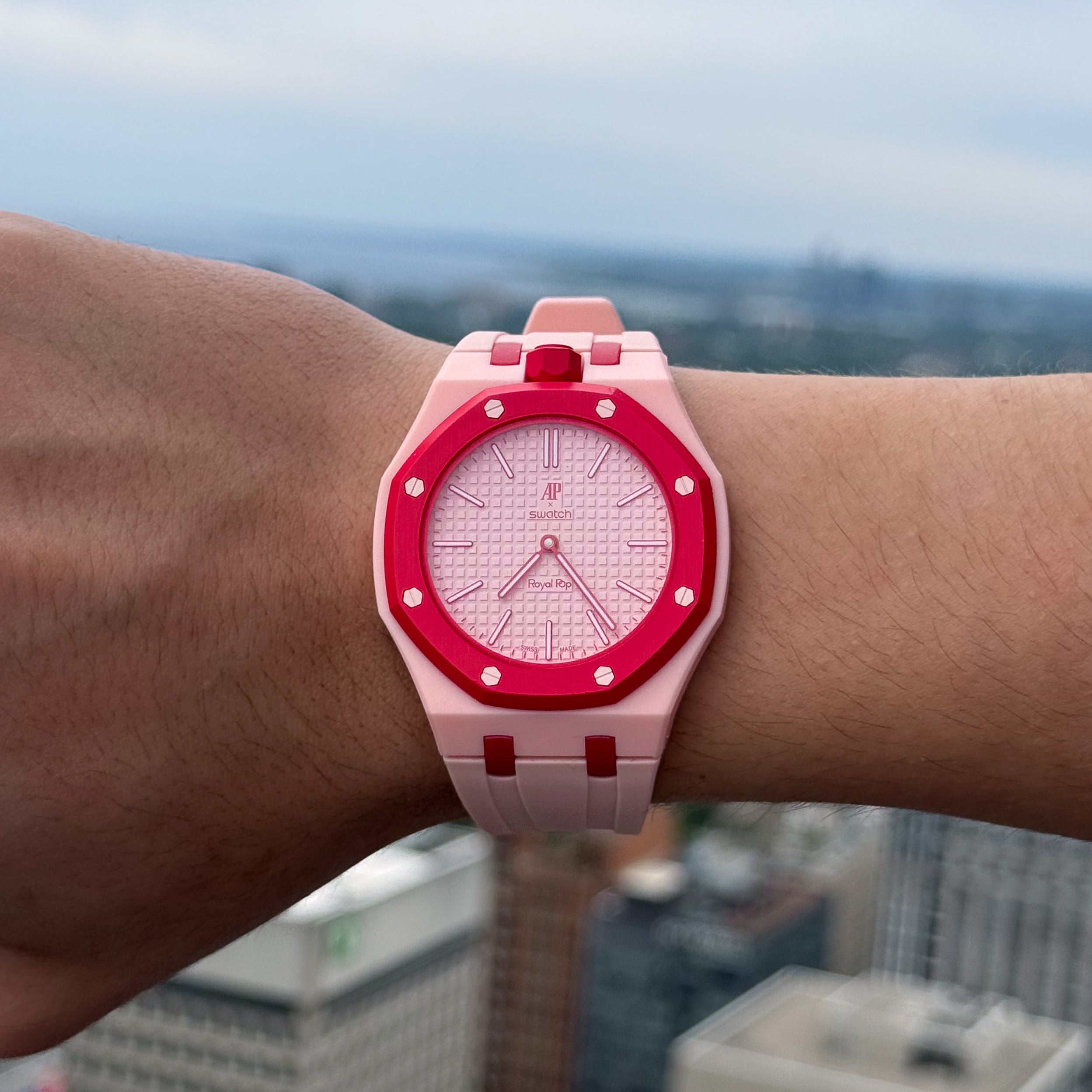 Pink Sport Rubber Strap & Case — for AP × Swatch Royal Pop (Crown at 12)