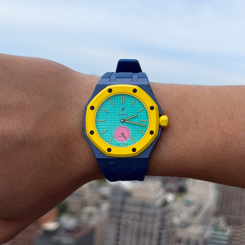 Ocean Blue Sport Rubber Strap & Case — for AP × Swatch Royal Pop (Crown at 3)
