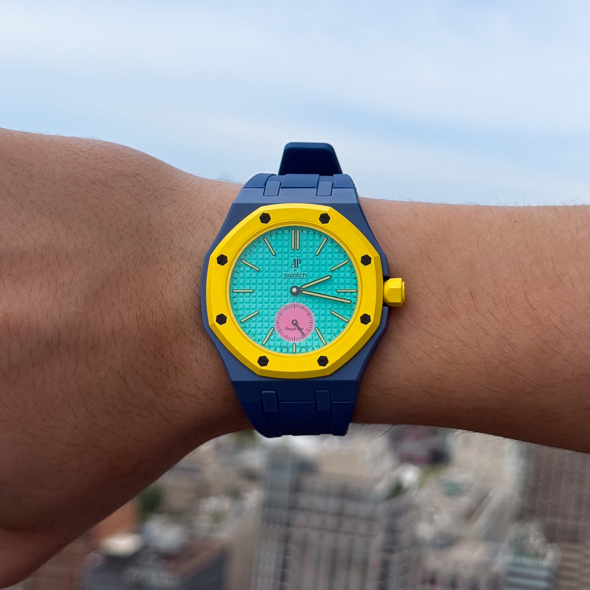 Ocean Blue Sport Rubber Strap & Case — for AP × Swatch Royal Pop (Crown at 3)