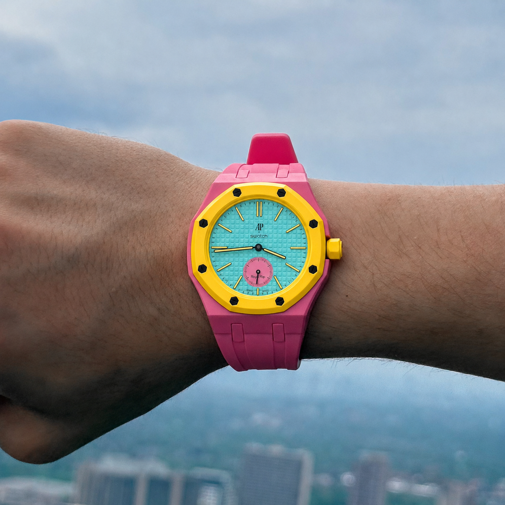 Pink Sport Rubber Strap & Case — for AP × Swatch Royal Pop (Crown at 3)