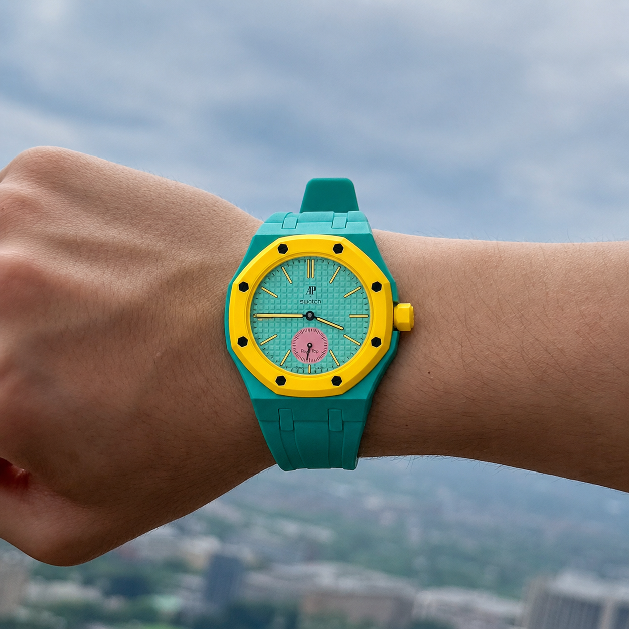 Turquoise Sport Rubber Strap & Case — for AP × Swatch Royal Pop (Crown at 3)