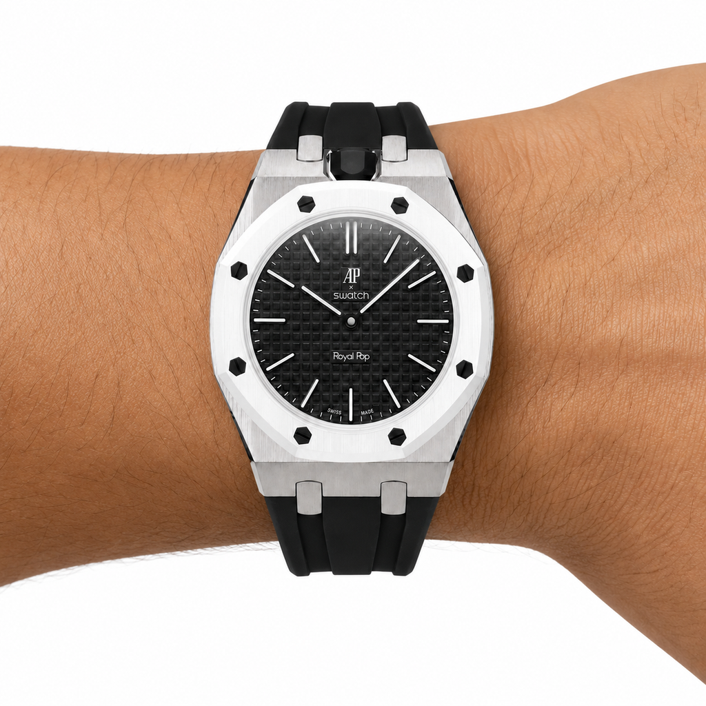 Black Steel Case & Rubber Strap — for AP × Swatch Royal Pop (Crown at 12)
