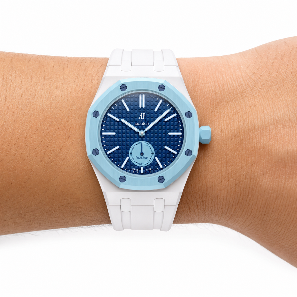 White Sport Rubber Strap & Case — for AP × Swatch Royal Pop (Crown at 3)