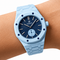 Light Blue Ceramic Link Strap & Case — for AP × Swatch Royal Pop (Crown at 3)