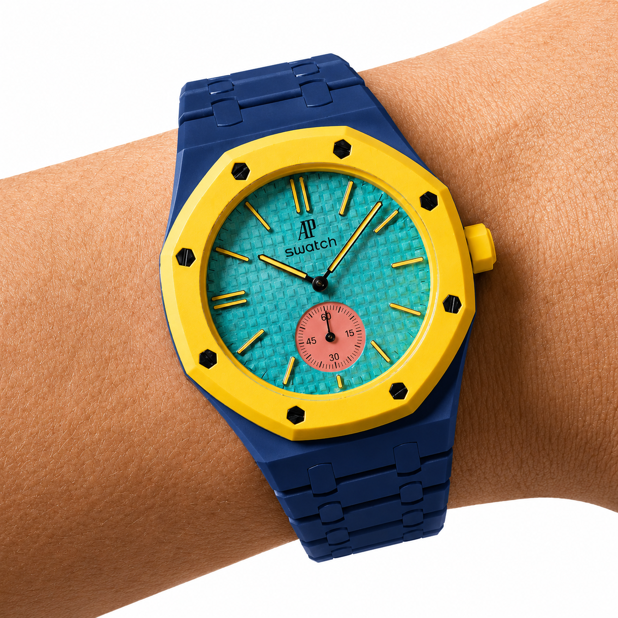 Ocean Blue Ceramic Link Strap & Case — for AP × Swatch Royal Pop (Crown at 3)