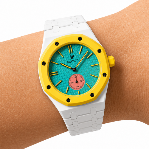 Alpine White Ceramic Link Strap & Case — for AP × Swatch Royal Pop (Crown at 3)
