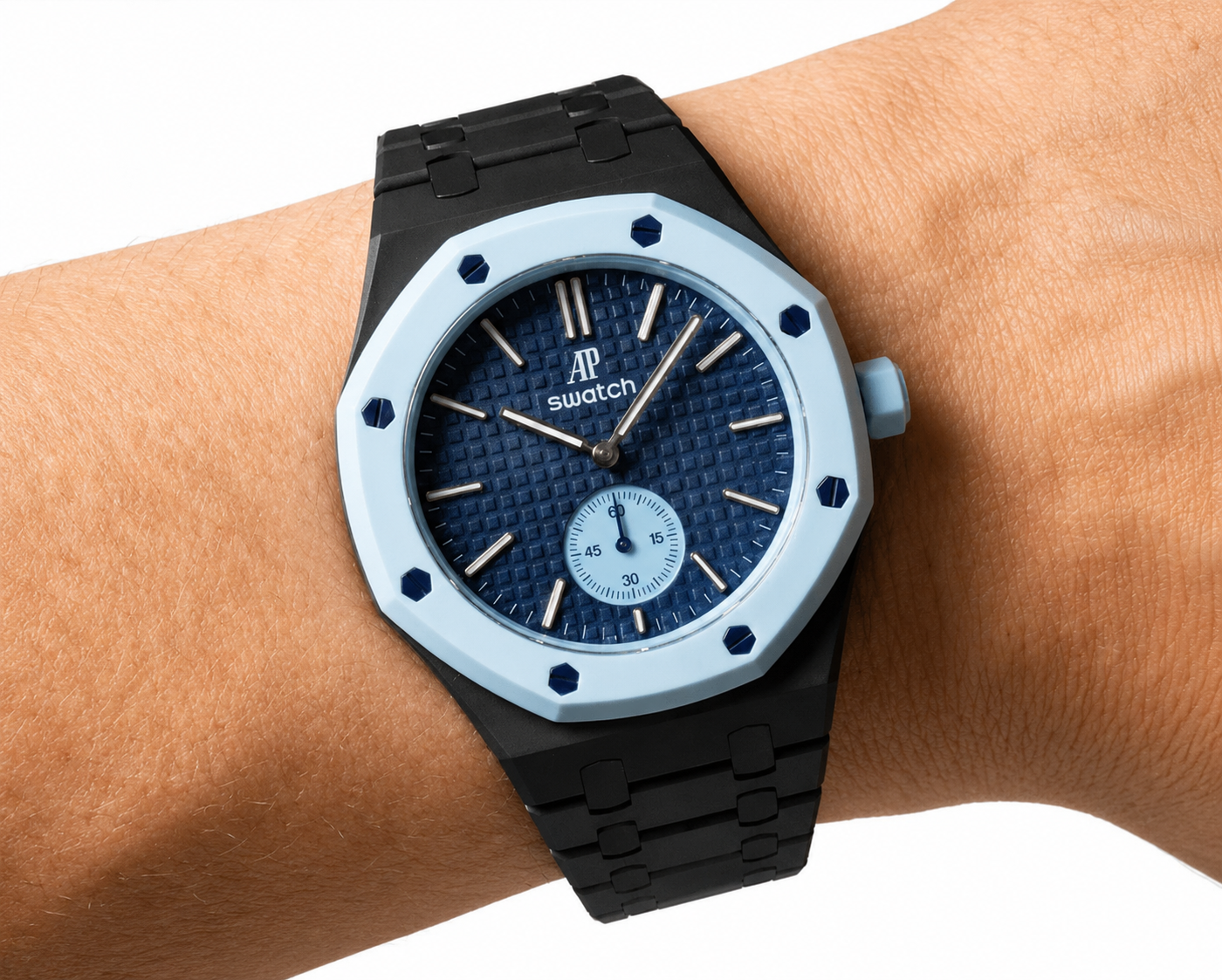 Midnight Black Ceramic Link Strap & Case — for AP × Swatch Royal Pop (Crown at 3)