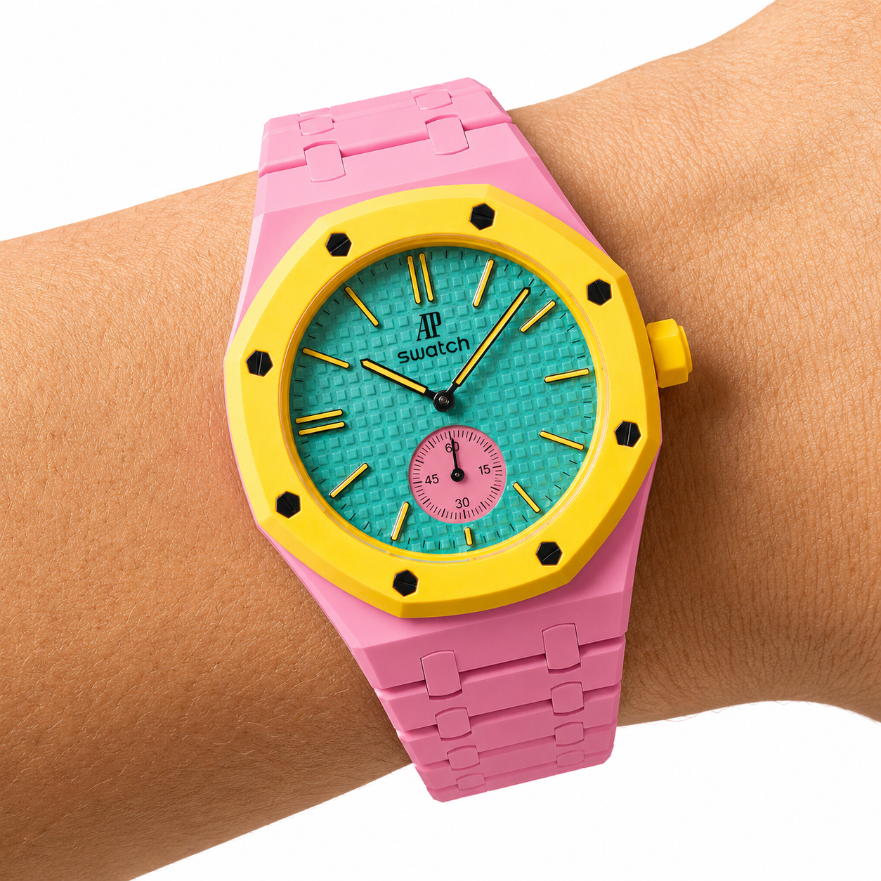 Petal Pink Ceramic Link Strap & Case — for AP × Swatch Royal Pop (Crown at 3)