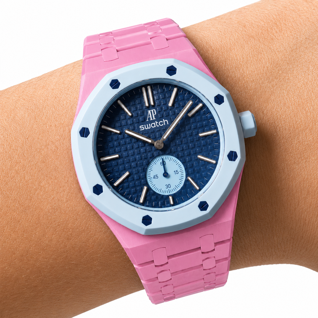 Petal Pink Ceramic Link Strap & Case — for AP × Swatch Royal Pop (Crown at 3)