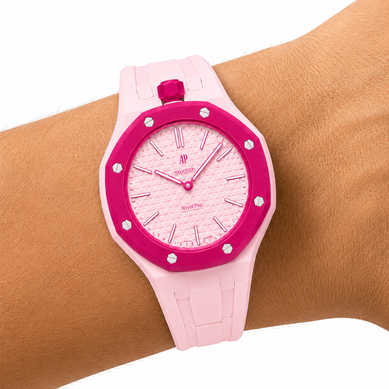 Pink Sport Rubber Strap & Case — for AP × Swatch Royal Pop (Crown at 12)