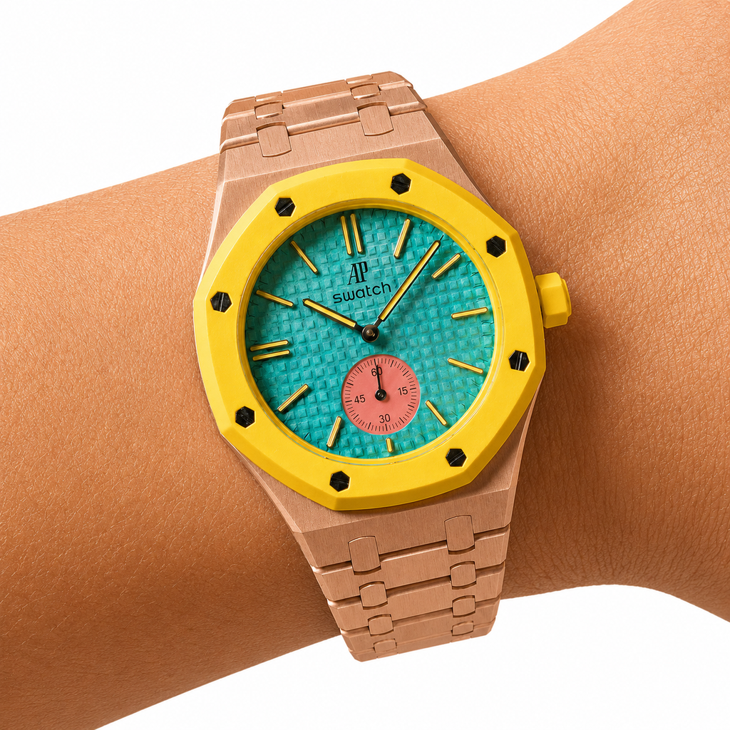 Rose Gold Ceramic Link Strap & Case — for AP × Swatch Royal Pop (Crown at 3)