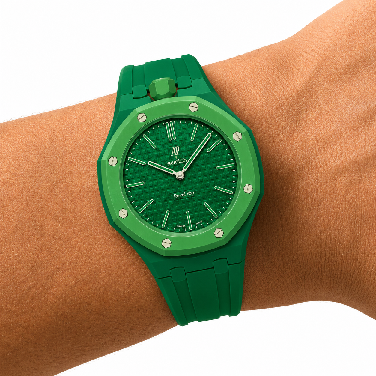 Green Sport Rubber Strap & Case — for AP × Swatch Royal Pop (Crown at 12)