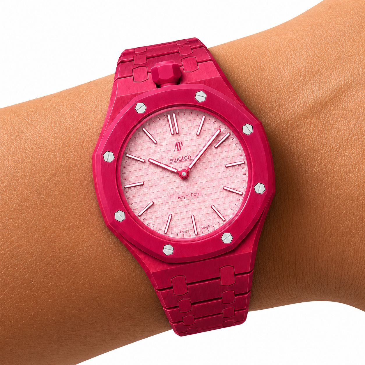 Racing Red Ceramic Link Strap & Case — for AP × Swatch Royal Pop (Crown at 12)