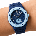 Ocean Blue Ceramic Link Strap & Case — for AP × Swatch Royal Pop (Crown at 3)