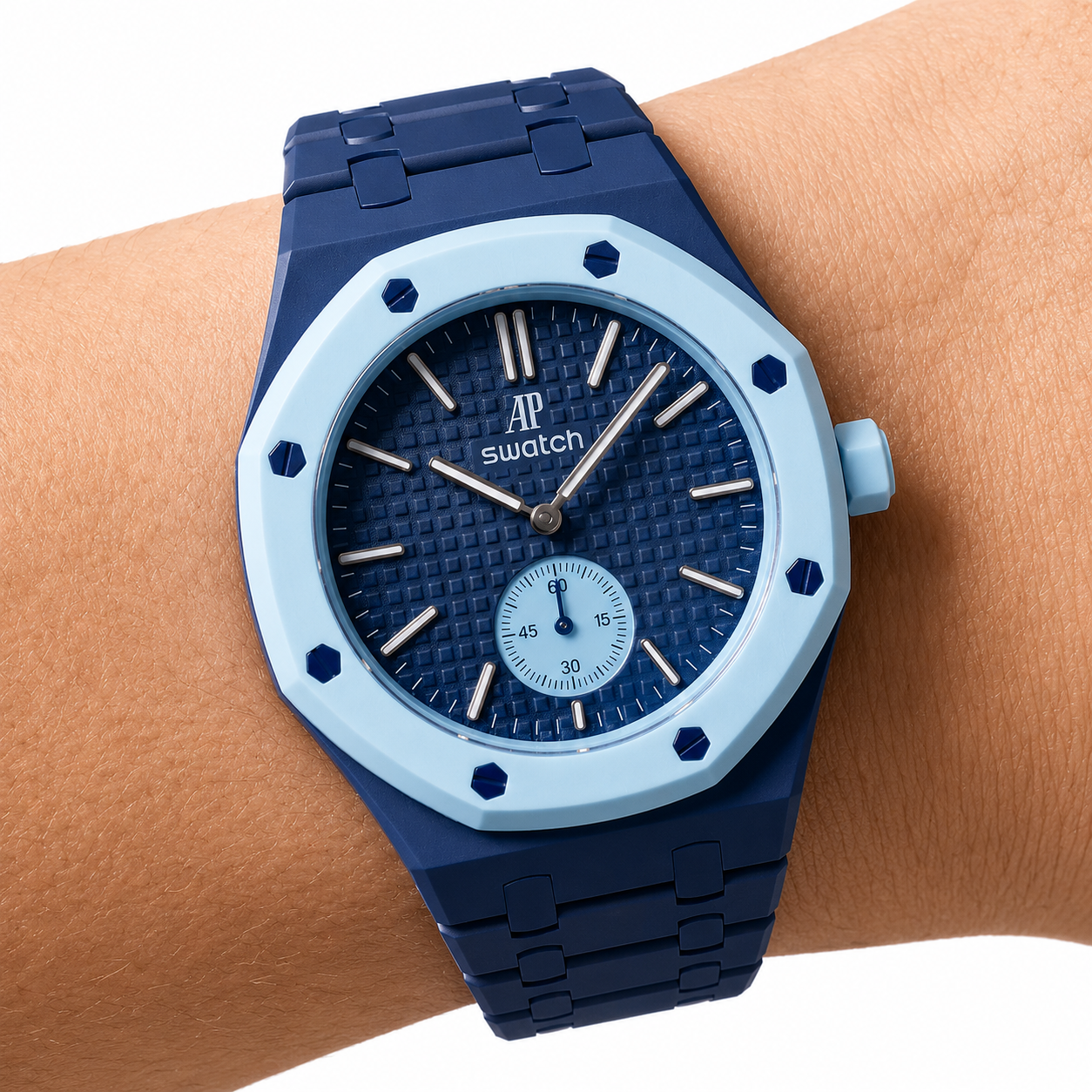 Ocean Blue Ceramic Link Strap & Case — for AP × Swatch Royal Pop (Crown at 3)