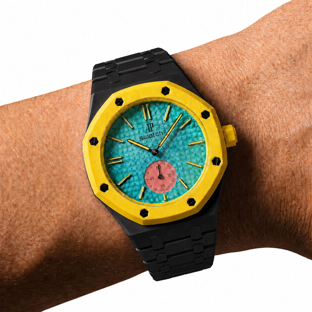 Midnight Black Ceramic Link Strap & Case — for AP × Swatch Royal Pop (Crown at 3)