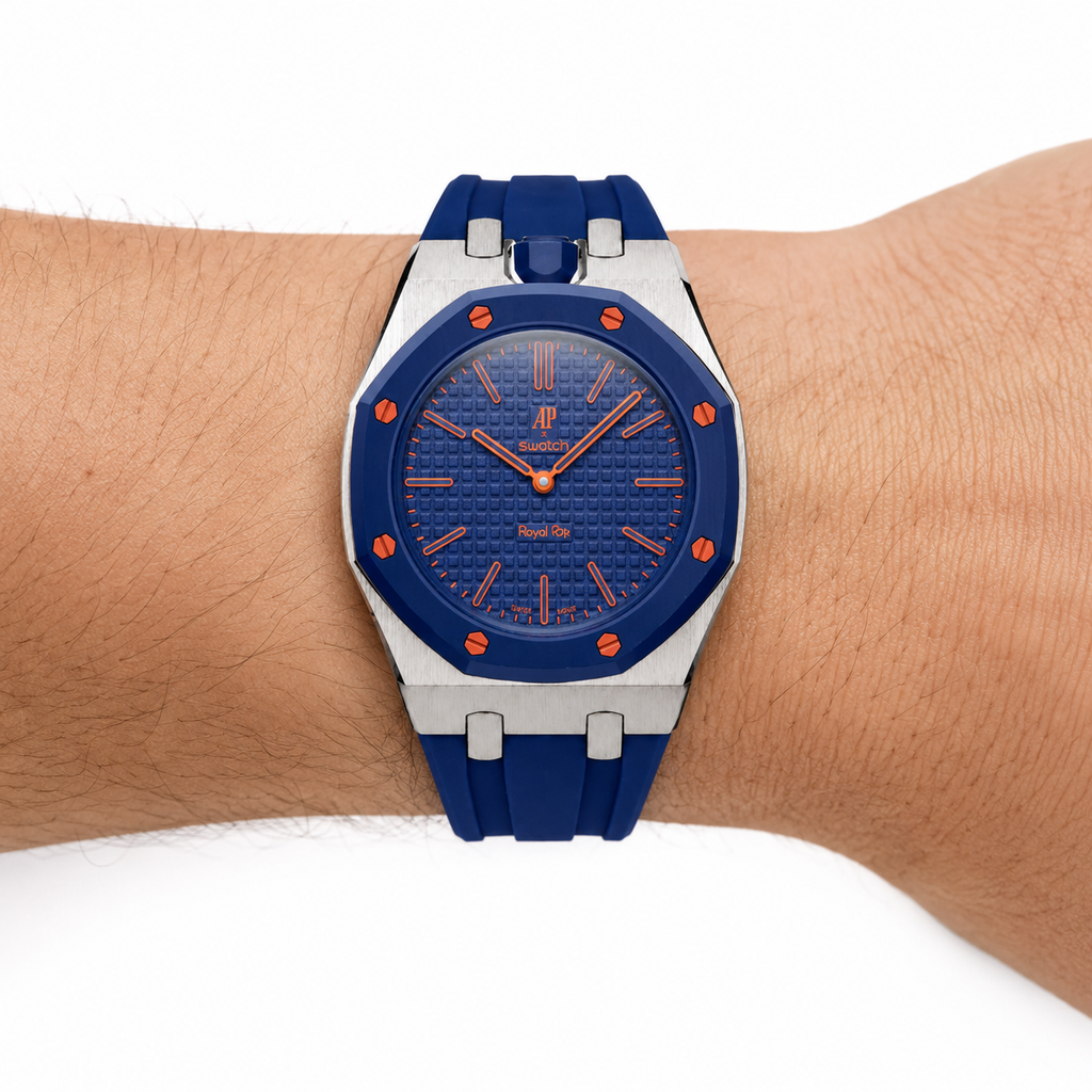 Navy Steel Case & Rubber Strap — for AP × Swatch Royal Pop (Crown at 12)