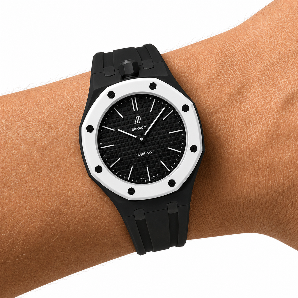 Black Sport Rubber Strap & Case — for AP × Swatch Royal Pop (Crown at 12)
