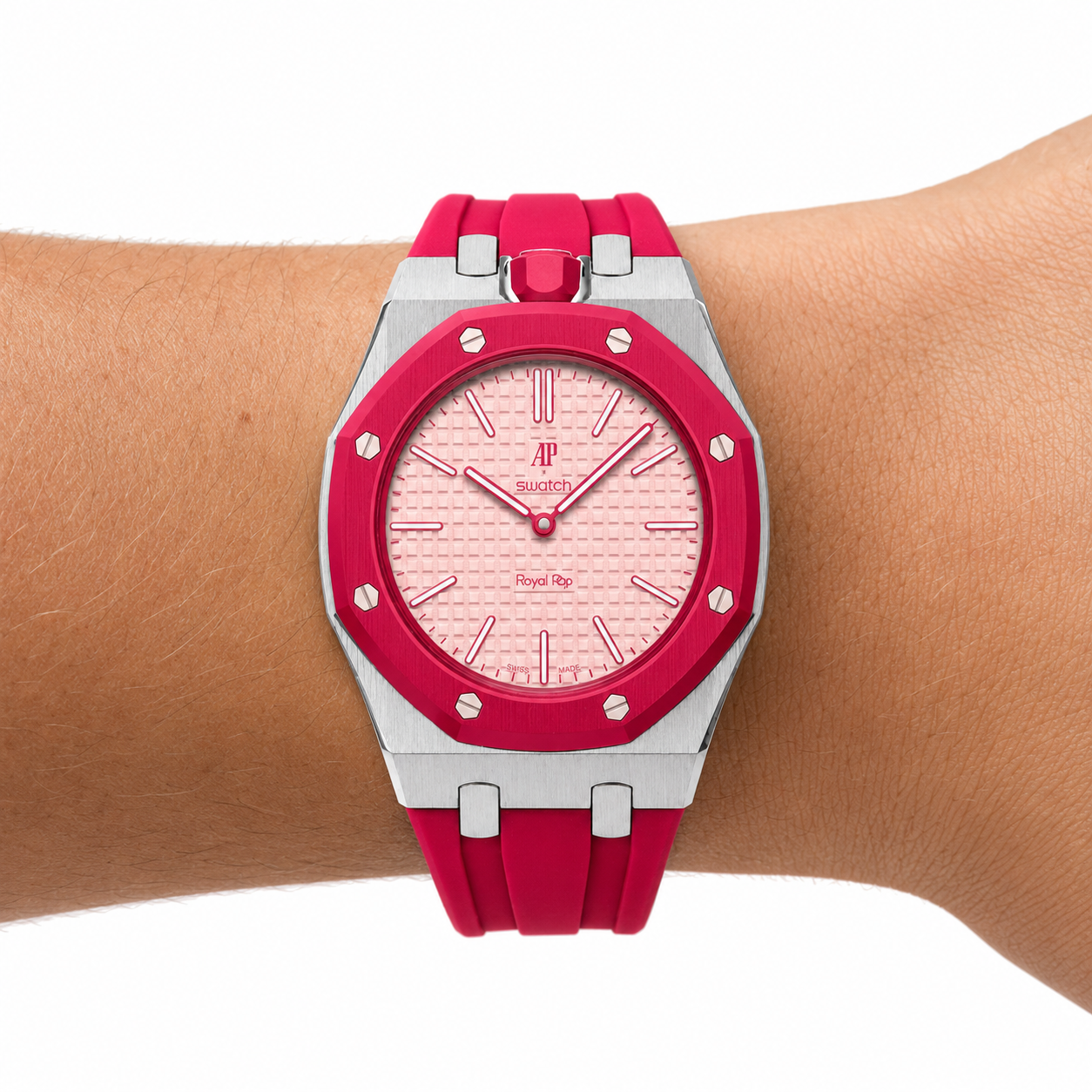 Crimson Red Steel Case & Rubber Strap — for AP × Swatch Royal Pop (Crown at 12)