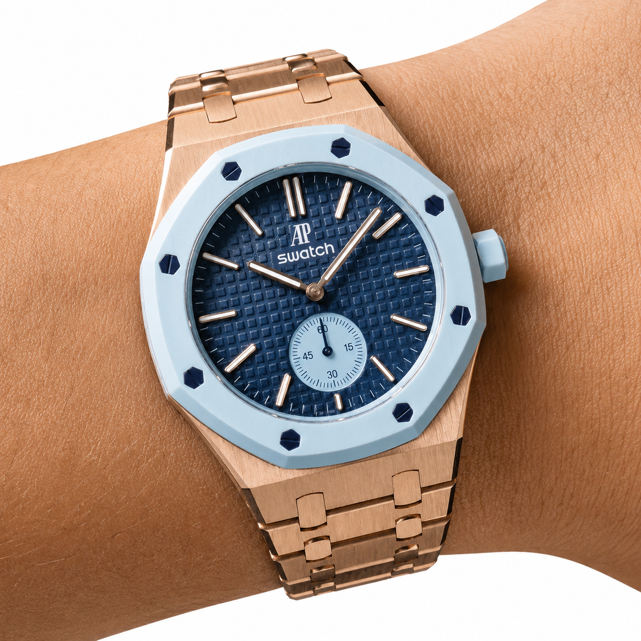 Rose Gold Ceramic Link Strap & Case — for AP × Swatch Royal Pop (Crown at 3)