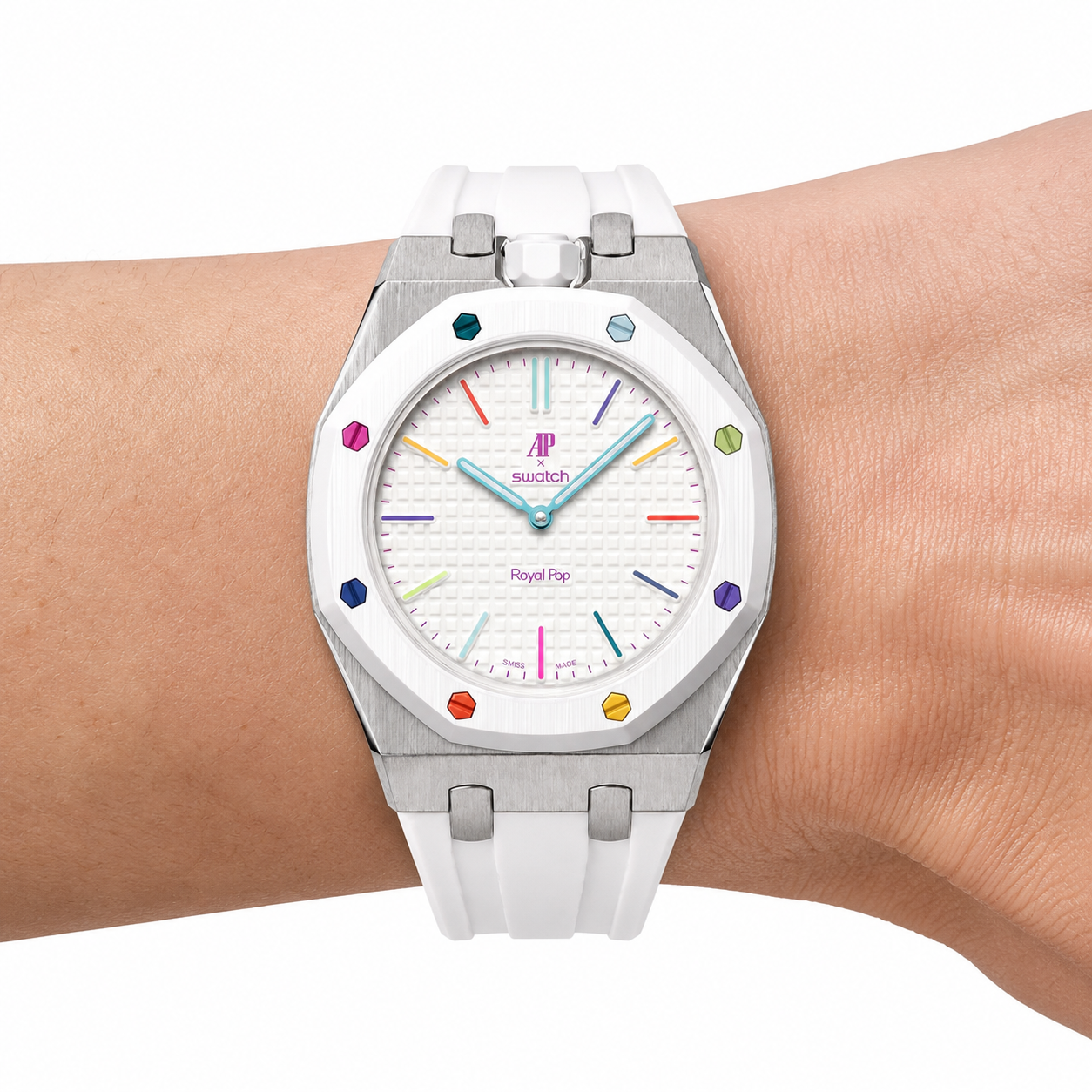 White Steel Case & Rubber Strap — for AP × Swatch Royal Pop (Crown at 12)