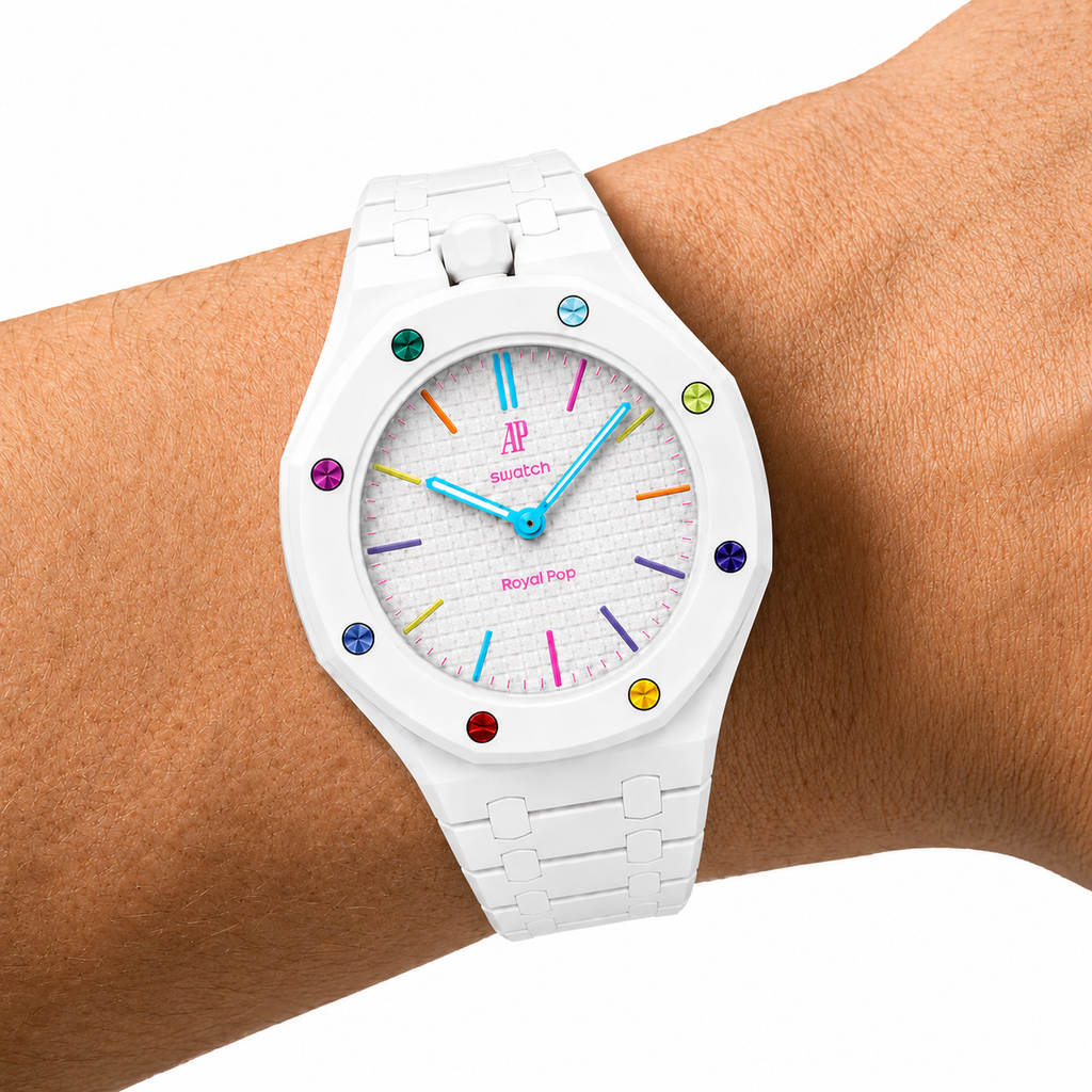 Alpine White Ceramic Link Strap & Case — for AP × Swatch Royal Pop (Crown at 12)